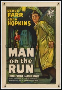 9m0330 MAN ON THE RUN linen English 1sh 1949 innocent Derek Farr accused of murder, ultra rare!