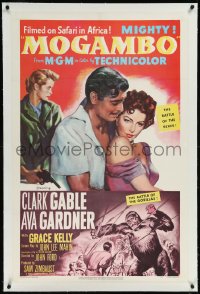 9m0656 MOGAMBO linen 1sh 1953 Clark Gable, Grace Kelly & Ava Gardner in Africa, cool art of gorilla!