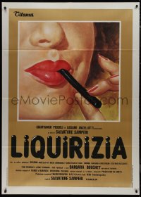 9p1938 LIQUIRIZIA Italian 1p 1979 super close up of sexy Barbara Bouchet's mouth with licorice!