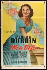 9p0543 IT'S A DATE style C 1sh 1940 art of Deanna Durbin in blue dress with flowers, ultra rare!