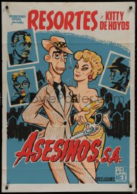 9p0101 ASESINOS S.A. export Mexican poster 1957 great art of smoking Resortes twirling gun with sexy babe!