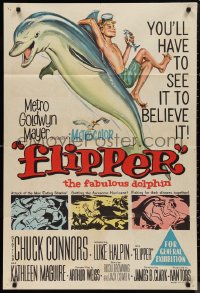 9t0558 FLIPPER Aust 1sh 1963 Chuck Connors, Luke Halpin, Reynold Brown art of boy & dolphin!