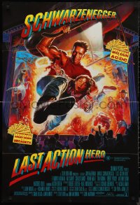 9t0575 LAST ACTION HERO Aust 1sh 1993 cool Morgan art of Arnold Schwarzenegger crashing through screen!