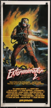 9t0644 EXTERMINATOR 2 Aust daybill 1985 wild artwork of man w/flamethrower and punks in New York ruins!