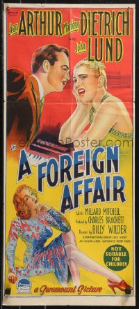 9t0646 FOREIGN AFFAIR Aust daybill 1948 Richardson Studio art of Arthur & Marlene Dietrich, rare!