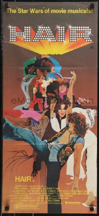 9t0652 HAIR Aust daybill 1979 Milos Forman, Treat Williams, musical, great Bob Peak artwork!