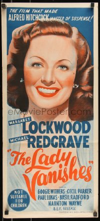 9t0667 LADY VANISHES Aust daybill R1950s Alfred Hitchcock, art of smiling Margaret Lockwood!