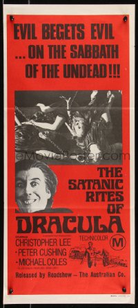 9t0691 SATANIC RITES OF DRACULA Aust daybill 1974 Hammer horror, vampire Christopher Lee & brides!