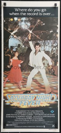 9t0692 SATURDAY NIGHT FEVER Aust daybill 1977 disco dancer John Travolta & Karen Gorney, R-rated!