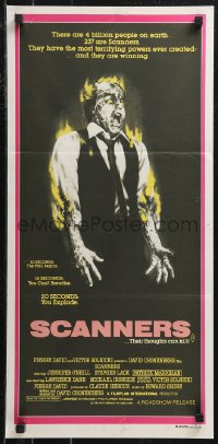 9t0693 SCANNERS Aust daybill 1981 David Cronenberg, in 20 seconds your head explodes, sci-fi art!