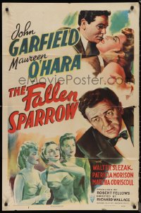9t1437 FALLEN SPARROW 1sh 1943 great romantic artwork of John Garfield & sexy Maureen O'Hara!