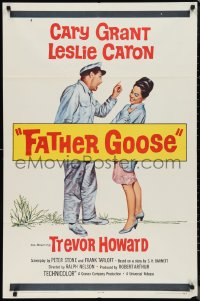 9t1443 FATHER GOOSE 1sh 1965 art of sea captain Cary Grant yelling at pretty Leslie Caron!