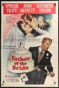 9t1444 FATHER OF THE BRIDE 1sh 1950 art of Liz Taylor in wedding gown & broke Spencer Tracy!