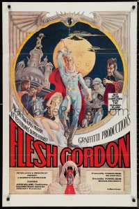 9t1464 FLESH GORDON 1sh 1974 sexy sci-fi spoof, wacky erotic super hero art by George Barr!