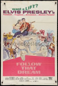 9t1469 FOLLOW THAT DREAM 1sh 1962 great art of Elvis Presley playing guitar in car with girl!