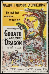 9t1507 GOLIATH & THE DRAGON 1sh 1960 Reynold Brown art of Mark Forest battling the giant beast!