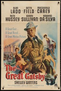 9t1520 GREAT GATSBY 1sh 1949 misleading art of Alan Ladd in trench coat surrounded by sexy women!