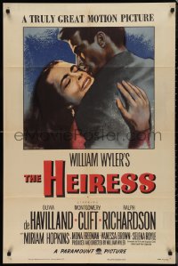 9t1540 HEIRESS 1sh 1949 William Wyler, romantic c/u of Olivia de Havilland & Montgomery Clift!