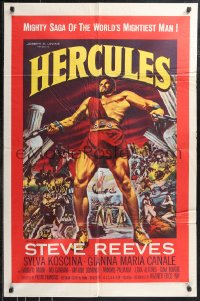 9t1545 HERCULES 1sh 1959 great montage artwork of the world's mightiest man Steve Reeves!