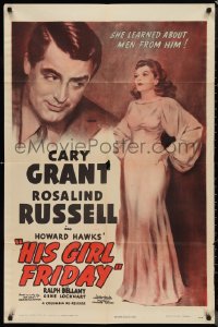 9t1551 HIS GIRL FRIDAY 1sh R1949 c/u art of of Cary Grant & full-length Rosalind Russell!