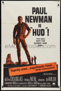 9t1571 HUD 1sh 1963 Mitchell Hooks art of Paul Newman as the man with the barbed wire soul!