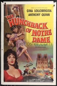 9t1574 HUNCHBACK OF NOTRE DAME 1sh 1957 Anthony Quinn as Quasimodo, sexy Gina Lollobrigida!