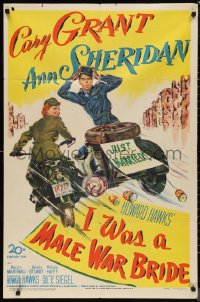 9t1581 I WAS A MALE WAR BRIDE 1sh 1949 cross-dresser Cary Grant & Ann Sheridan on motorcycle, Hawks