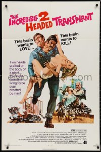 9t1589 INCREDIBLE 2 HEADED TRANSPLANT 1sh 1971 one brain wants to love, the other wants to kill!