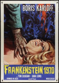 9t0161 FRANKENSTEIN 1970 Italian 1p R1970 Karloff, different art of monster hand attacking woman!