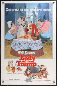 9t1642 LADY & THE TRAMP 1sh R1980 Walt Disney romantic canine dog classic cartoon!