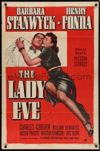 9t1643 LADY EVE 1sh R1949 Preston Sturges directed, art of Barbara Stanwyck & Henry Fonda!