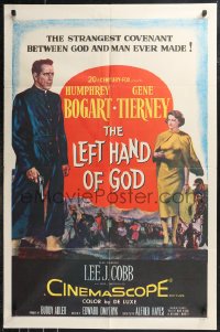 9t1656 LEFT HAND OF GOD 1sh 1955 full-length art of priest Humphrey Bogart w/ gun, Gene Tierney!