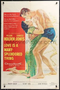 9t1690 LOVE IS A MANY-SPLENDORED THING 1sh 1955 art of William Holden holding sexy Jennifer Jones!