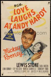 9t1693 LOVE LAUGHS AT ANDY HARDY 1sh 1947 wonderful artwork of Mickey Rooney with sexy girl!