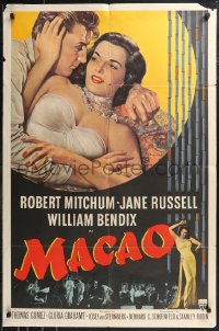 9t1699 MACAO 1sh 1952 Josef von Sternberg, best art of Robert Mitchum & sexy Jane Russell!