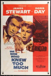 9t1718 MAN WHO KNEW TOO MUCH 1sh 1956 James Stewart & Doris Day, directed by Alfred Hitchcock!