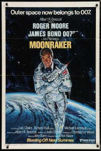 9t1749 MOONRAKER style A advance 1sh 1979 art of Roger Moore as Bond blasting off in space by Goozee!