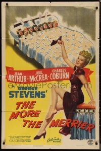 9t1750 MORE THE MERRIER style B 1sh 1943 misleading art of sexy Jean Arthur and eight girls in bed!