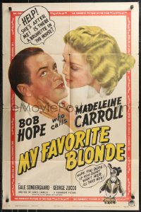 9t1765 MY FAVORITE BLONDE 1sh 1942 great image of Bob Hope seduced by sexy Madeleine Carroll!