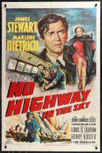 9t1786 NO HIGHWAY IN THE SKY 1sh 1951 art of James Stewart being restrained, sexy Marlene Dietrich!