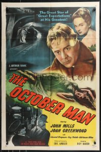 9t1793 OCTOBER MAN 1sh 1948 close-up of John Mills, sexy Joan Greenwood!