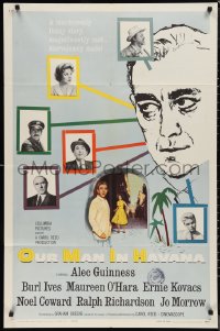 9t1810 OUR MAN IN HAVANA 1sh 1960 art of Alec Guinness, Graham Greene, directed by Carol Reed!