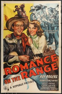 9t1902 ROMANCE ON THE RANGE 1sh 1942 art of singing cowboy Roy Rogers & pretty Linda Hayes!