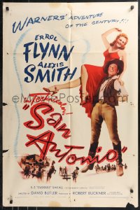 9t1910 SAN ANTONIO 1sh 1945 great full-length image of Alexis Smith on Errol Flynn's shoulder!