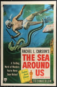 9t1919 SEA AROUND US 1sh 1953 Rachel Carson, cool art of scuba diver attacking eel underwater!