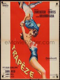 9w0989 TRAPEZE French 24x32 1956 art of Burt Lancaster & Gina Lollobrigida kissing in mid-air