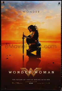 9w1493 WONDER WOMAN int'l teaser DS 1sh 2017 image of sexy Gal Gadot in title role kneeling on beach!