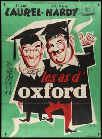 9y1820 CHUMP AT OXFORD French 1p R1950s different Hurel art of Laurel & Hardy in caps and gowns!