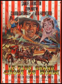 9y1822 CIRCUS WORLD French 1p 1964 best art of Claudia Cardinale & John Wayne by Jean Mascii!