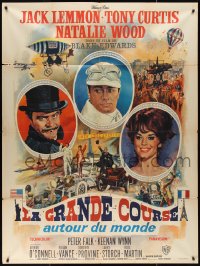 9y1883 GREAT RACE style A French 1p 1966 art of Tony Curtis, Jack Lemmon & Natalie Wood by Mascii!